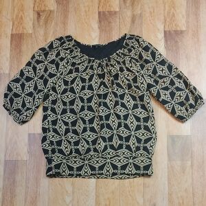 ANNE KLEIN 100% Silk Tan‎ & Black Puff Sleeve Blouse | Luxe Neutral Silk Top